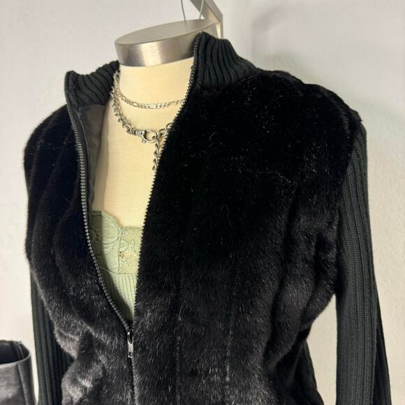 Y2K Faux Fur Zip Sweater Jacket Black Ribbed Knit Zip Up Size Large. - Picture 3 of 8